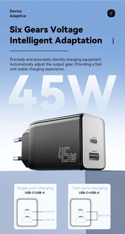 Мережевий зарядний пристрій ESSAGER 45W GaN Type-C + USB (ECT45W-LJB01-Z) - Black: фото 9 з 13