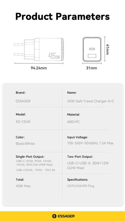 Мережевий зарядний пристрій ESSAGER 45W GaN Type-C + USB (ECT45W-LJB01-Z) - Black: фото 13 з 13