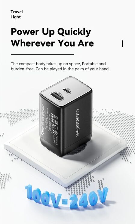 Мережевий зарядний пристрій ESSAGER 45W GaN Type-C + USB (ECT45W-LJB01-Z) - Black: фото 11 з 13