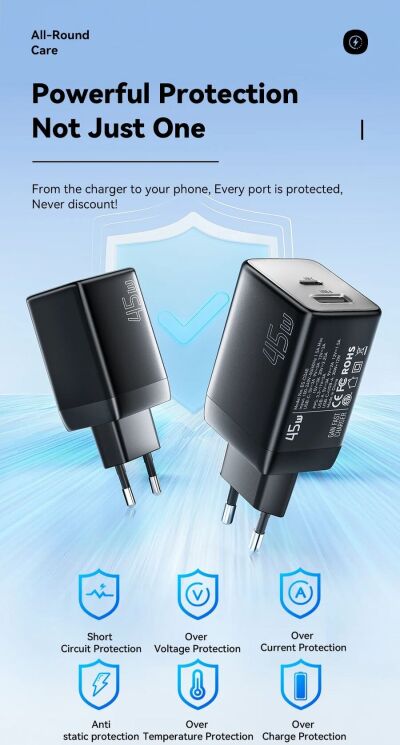 Мережевий зарядний пристрій ESSAGER 45W GaN Type-C + USB (ECT45W-LJB01-Z) - Black: фото 10 з 13