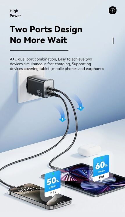 Мережевий зарядний пристрій ESSAGER 45W GaN Type-C + USB (ECT45W-LJB01-Z) - Black: фото 5 з 13