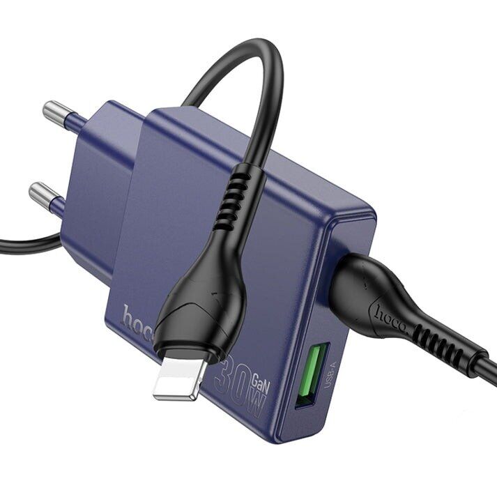 Сетевое зарядное устройство Hoco N45 Biscuit PD30W+QC3.0 + кабель Type-C to Lightning - Titanium Blue: фото 2 из 8