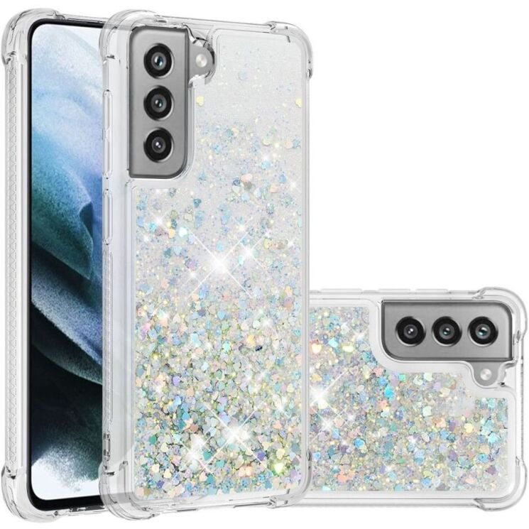 Силиконовый (TPU) чехол Deexe Liquid Glitter для Samsung Galaxy S21 FE (G990) - Silver Hearts: фото 1 из 7