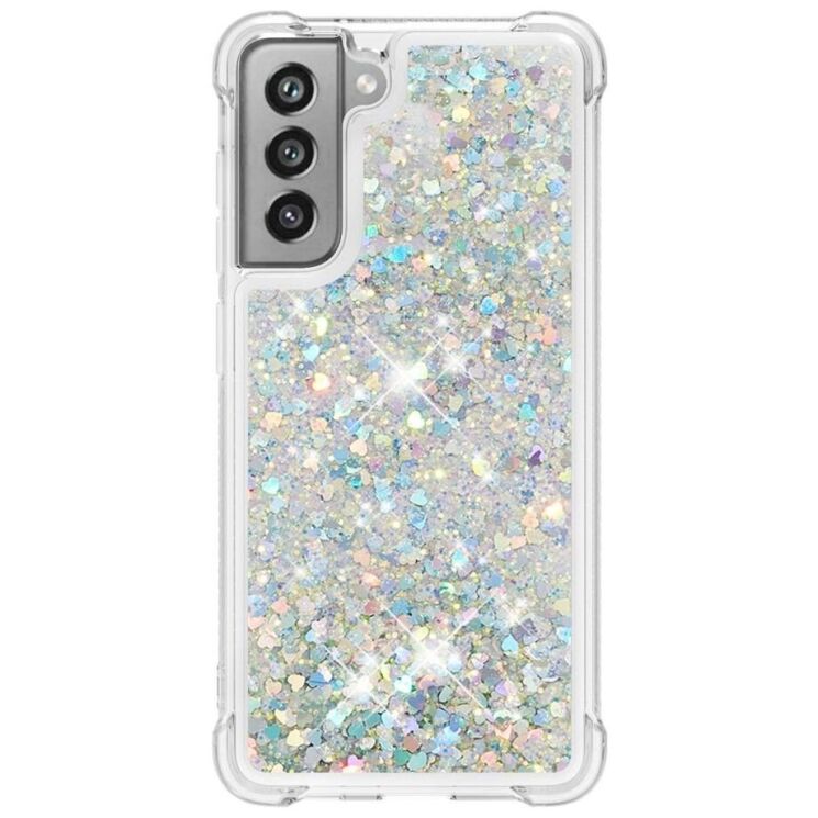Силиконовый (TPU) чехол Deexe Liquid Glitter для Samsung Galaxy S21 FE (G990) - Silver Hearts: фото 3 из 7