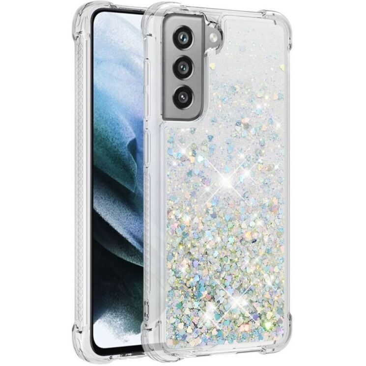Силиконовый (TPU) чехол Deexe Liquid Glitter для Samsung Galaxy S21 FE (G990) - Silver Hearts: фото 2 из 7