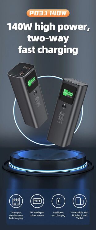 Зовнішній акумулятор Hoco Q17 Electric PD140W (25000mAh) - Black: фото 8 з 18
