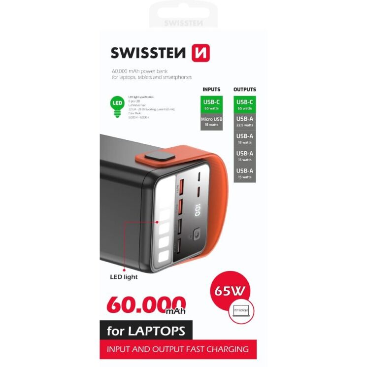 Внешний аккумулятор SWISSTEN Line Bank PD65W (60000mAh) - Black: фото 2 из 6