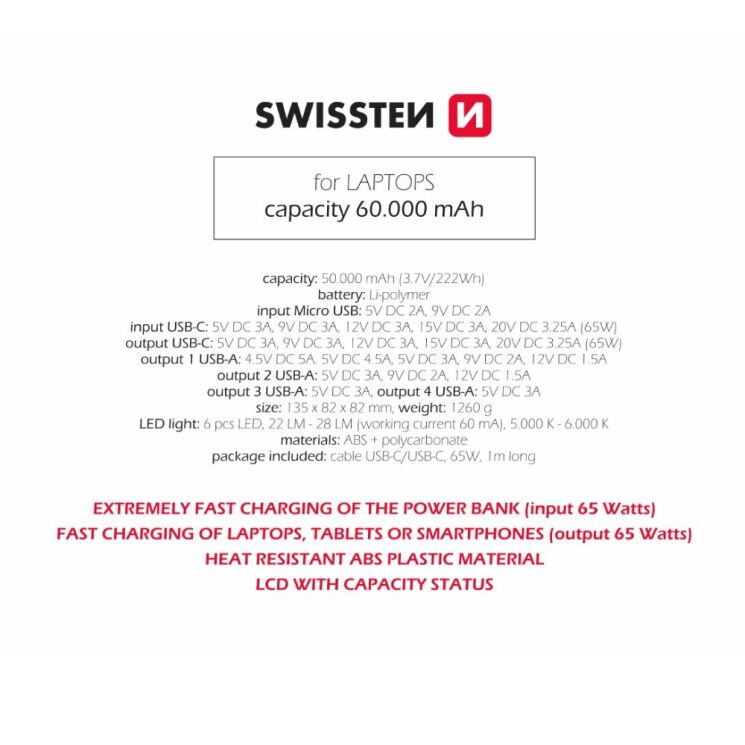 Внешний аккумулятор SWISSTEN Line Bank PD65W (60000mAh) - Black: фото 6 из 6