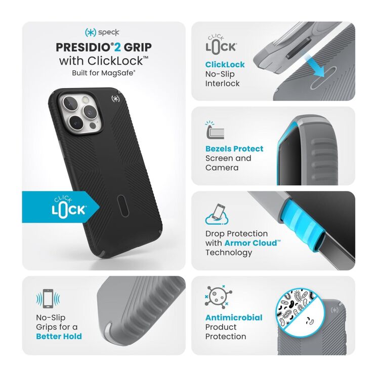 Захисний чохол Speck Presidio2 Grip MagSafe ClickLock для Apple iPhone 16 Pro Max (150725-3205) - Black: фото 6 з 10