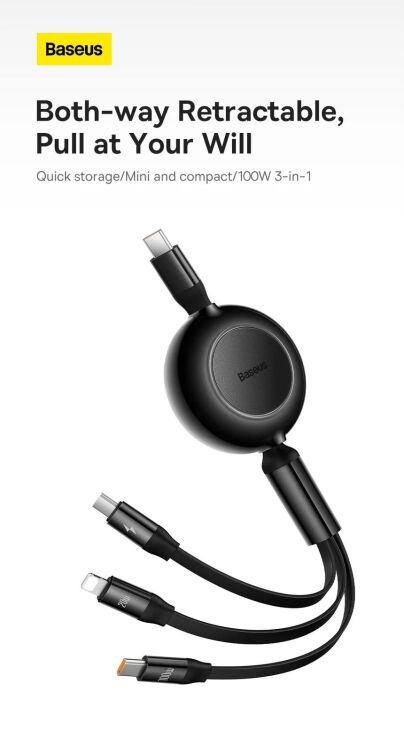 Кабель Baseus Bright Mirror 2 Series 3-in-1 Type-C to MicroUSB+Lightning+Type-C (100W, 1.1m) CAMJ010201 - Black: фото 8 з 30
