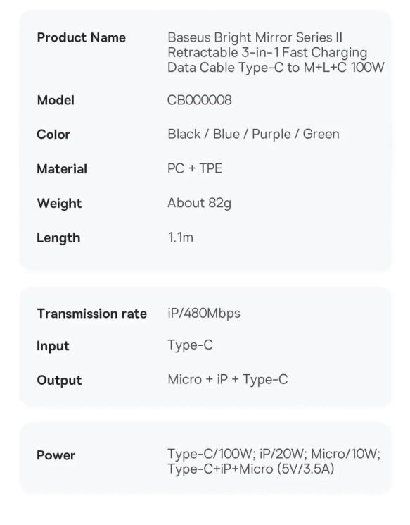 Кабель Baseus Bright Mirror 2 Series 3-in-1 Type-C to MicroUSB+Lightning+Type-C (100W, 1.1m) CAMJ010201 - Black: фото 28 з 30