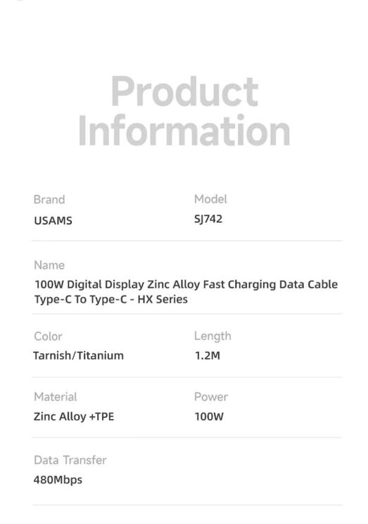 Кабель USAMS SJ742 Type-C to Type-C (100W, 3A, 1.2m) - Gray: фото 14 из 14