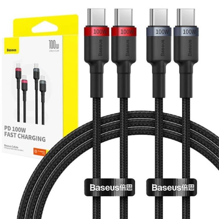 Комплект кабелей (2шт) Baseus Cafule Type-C to Type-C (100W, 2m) P10318306003-01 - Black / Grey: фото 6 из 20