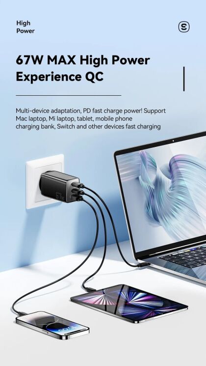 Мережевий зарядний пристрій ESSAGER 67W GaN 2Type-C + USB (ECT67W-LJB02-Z) - White: фото 5 з 13