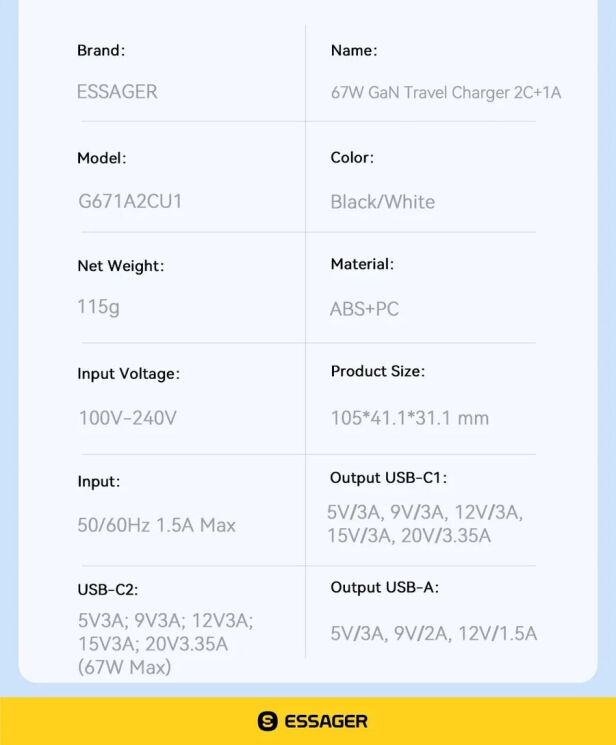 Мережевий зарядний пристрій ESSAGER 67W GaN 2Type-C + USB (ECT67W-LJB02-Z) - White: фото 13 з 13