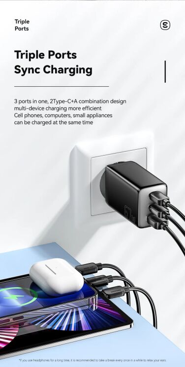 Мережевий зарядний пристрій ESSAGER 67W GaN 2Type-C + USB (ECT67W-LJB02-Z) - White: фото 4 з 13