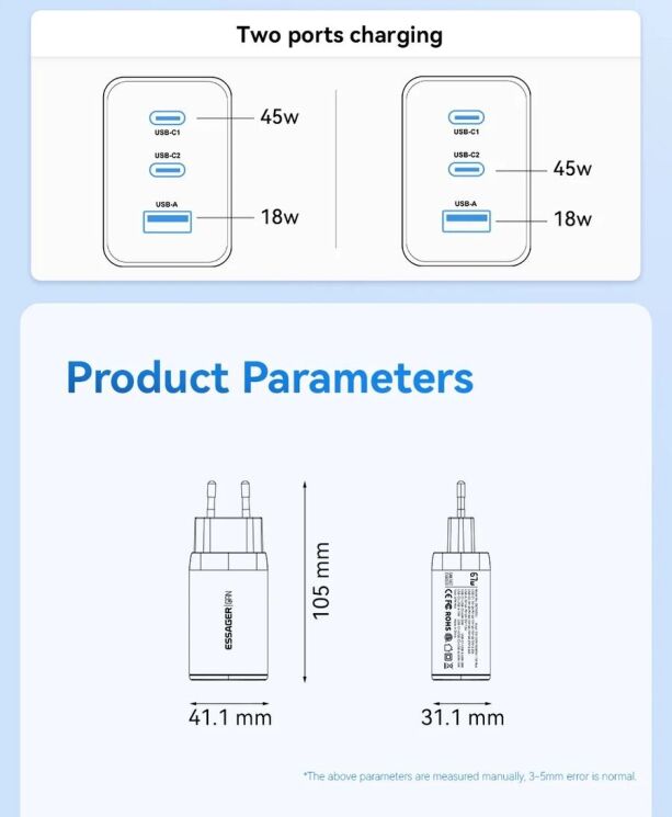 Мережевий зарядний пристрій ESSAGER 67W GaN 2Type-C + USB (ECT67W-LJB02-Z) - White: фото 12 з 13