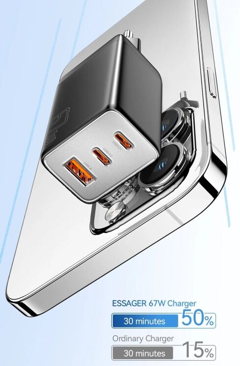 Мережевий зарядний пристрій ESSAGER 67W GaN 2Type-C + USB (ECT67W-LJB02-Z) - White: фото 10 з 13