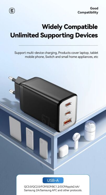 Мережевий зарядний пристрій ESSAGER 67W GaN 2Type-C + USB (ECT67W-LJB02-Z) - White: фото 7 з 13