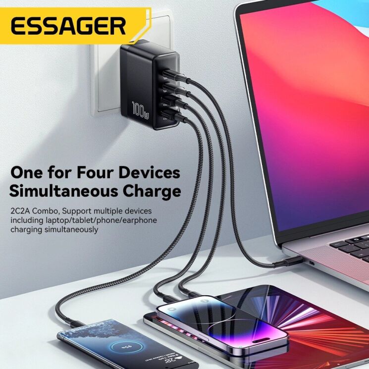 Сетевое зарядное устройство ESSAGER Grace 100W (2Type-C + 2USB) ECT2CA-QYB01-Z - Black (995676B) Сетевое зарядное устройство ESSAGER Grace 100W (2Type-C + 2USB) ECT2CA-QYB01-Z - Black: фото 7 из 12