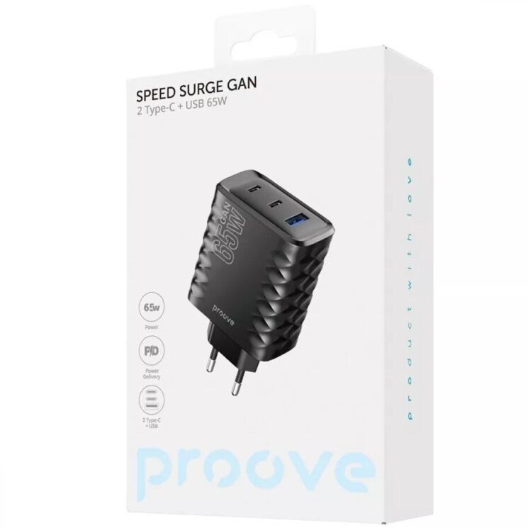 Мережевий зарядний пристрій Proove Speed Surge Gan 65W (USB + 2Type-C) - Black: фото 2 з 6