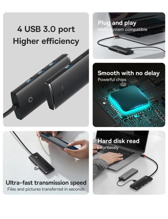 USB HUB Baseus Lite Series 4 in 1 USB HUB Adapter (1m) WKQX030101 - Black: фото 10 из 27