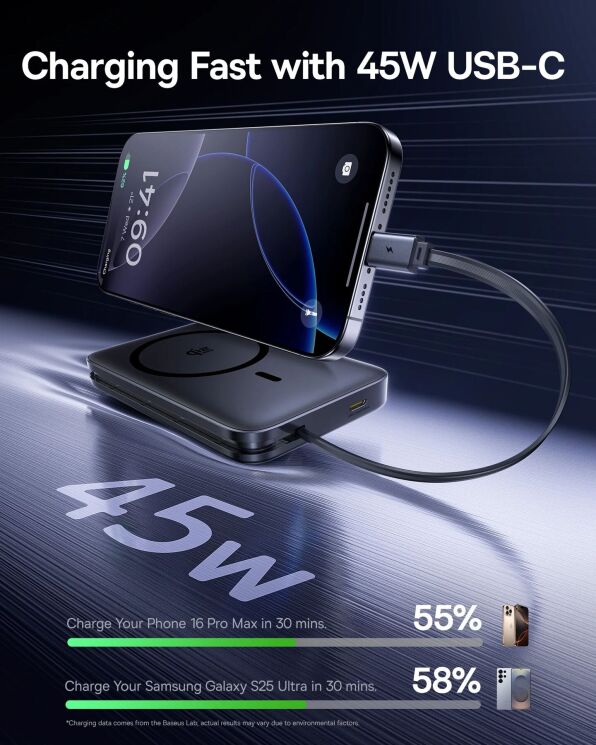 Внешний аккумулятор Baseus PicoGo AM61 Qi2.2 Magnetic 45W (10000mAh) E0028V00 - Black: фото 11 из 14