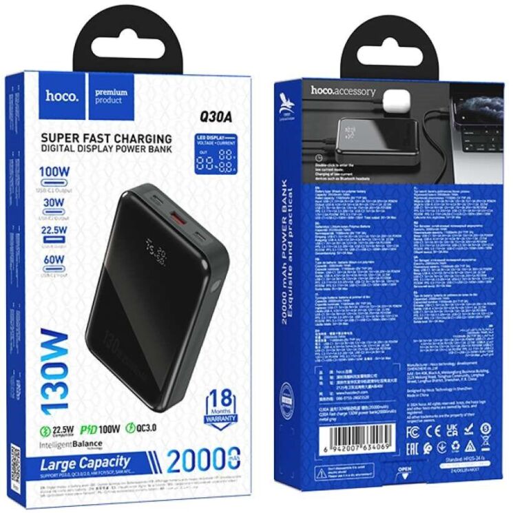Внешний аккумулятор Hoco Q30A Fast charge 130W (20000mAh) - Metal gray: фото 7 из 9