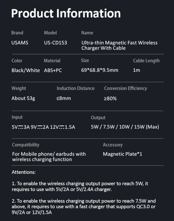 Беспроводное зарядное устройство USAMS US-CD153 Ultra-thin Magnetic - Black: фото 14 из 16