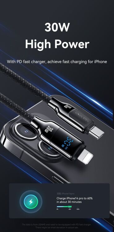 Кабель USAMS SJ741 Type-C to Lightning (30W, 3A, 1.2m) - Gray: фото 6 из 13