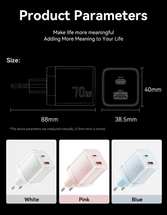 Мережевий зарядний пристрій ESSAGER 70W GaN Type-C + USB (EZCT70-YQB02-Z) - White: фото 18 з 19