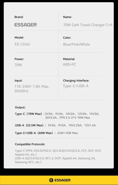 Мережевий зарядний пристрій ESSAGER 70W GaN Type-C + USB (EZCT70-YQB02-Z) - White: фото 19 з 19