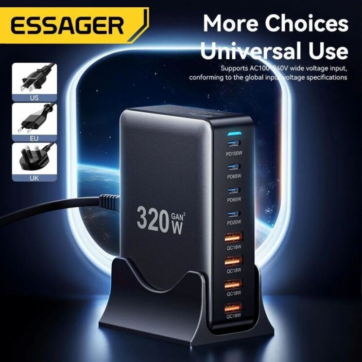 Сетевое зарядное устройство ESSAGER Engine 320W (4Type-C + 4USB) EZC320W-QJB0G-Z - Black: фото 5 из 11