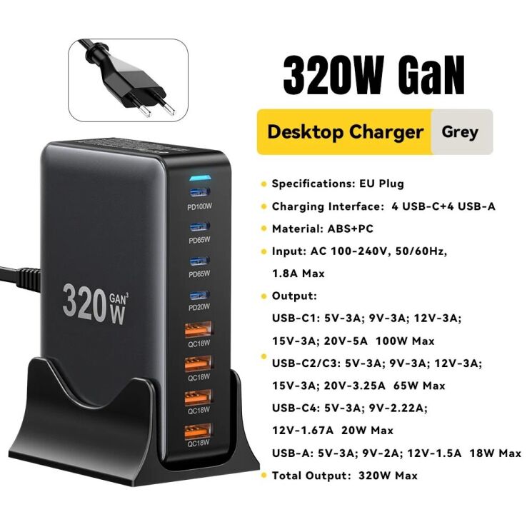 Сетевое зарядное устройство ESSAGER Engine 320W (4Type-C + 4USB) EZC320W-QJB0G-Z - Black: фото 4 из 11