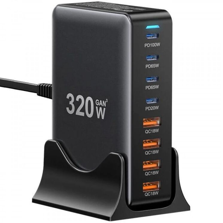 Сетевое зарядное устройство ESSAGER Engine 320W (4Type-C + 4USB) EZC320W-QJB0G-Z - Black: фото 1 из 11