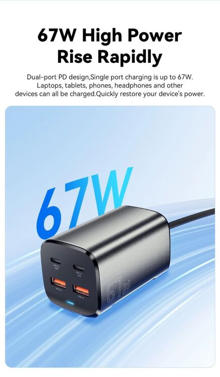 Мережевий зарядний пристрій ESSAGER ES-CD35 Series 67W GaN Dual - Black: фото 4 з 17