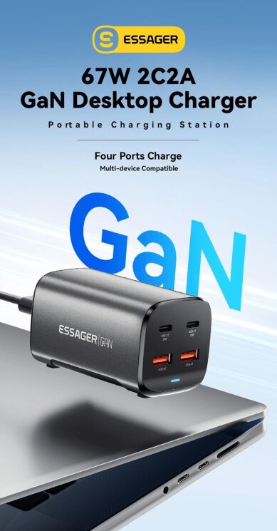 Мережевий зарядний пристрій ESSAGER ES-CD35 Series 67W GaN Dual - Black: фото 2 з 17