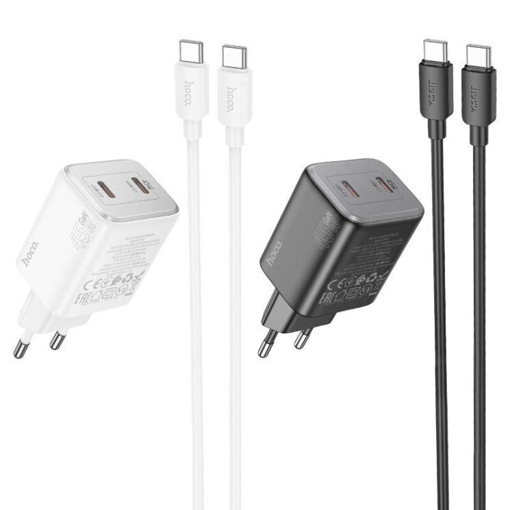 Сетевое зарядное устройство Hoco N42 Elogiado 2C PD45W + кабель Type-C to Type-C - White: фото 9 из 11