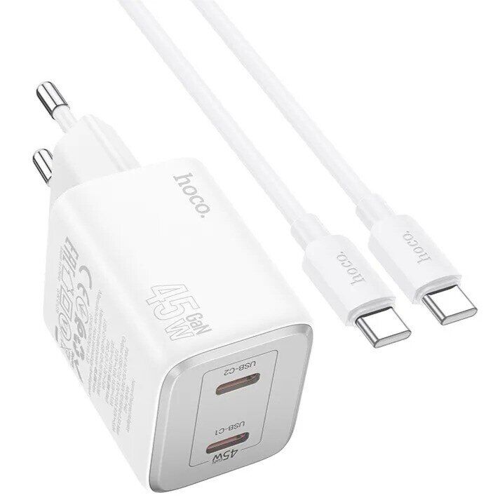 Сетевое зарядное устройство Hoco N42 Elogiado 2C PD45W + кабель Type-C to Type-C - White: фото 1 из 11