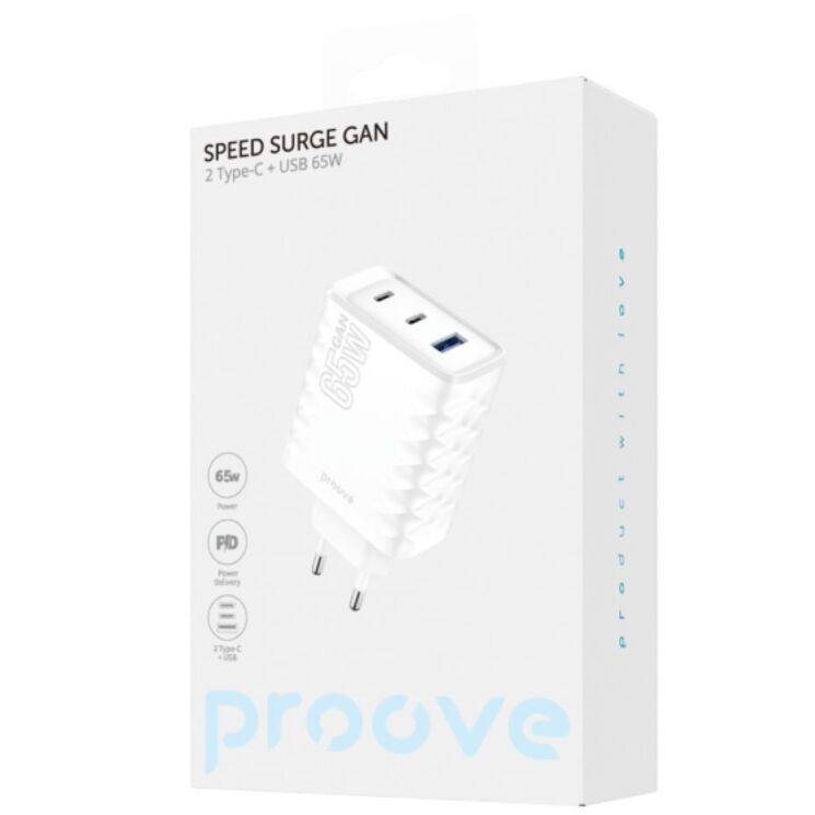 Мережевий зарядний пристрій Proove Speed Surge Gan 65W (USB + 2Type-C) - White: фото 2 з 6