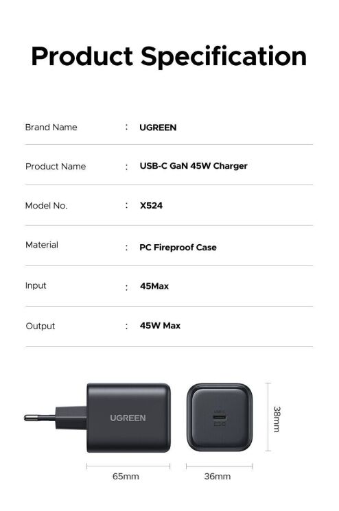 Мережевий зарядний пристрій UGREEN X524 GaN 45W Type-C (65052) - Black (960244B) Мережевий зарядний пристрій UGREEN X524 GaN 45W Type-C (65052) - Black: фото 11 з 12
