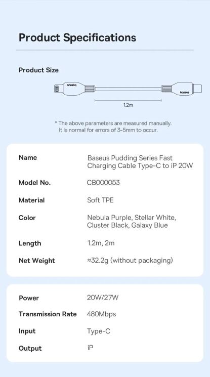 Кабель Baseus Pudding Series Type-C to Lightning (20W, 2m) P10355701221-01 - White: фото 26 з 27