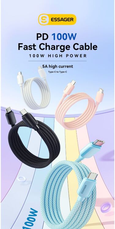 Кабель ESSAGER Breeze Type-C to Type-C (100W, 2m) EXCTT1-WLA01-P - Black: фото 3 з 10