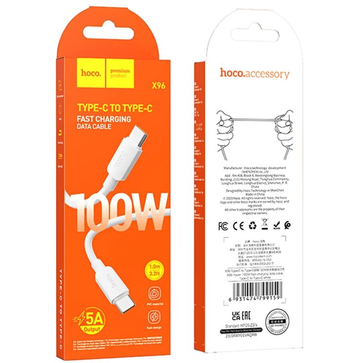 Кабель Hoco X96 100W Type-C to Type-C (1m) - White: фото 4 з 6