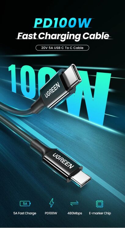 Кабель UGREEN US300 Type-C to Type-C (100W, 5A 1m) - Black: фото 2 з 13