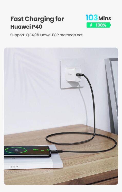 Кабель UGREEN US300 Type-C to Type-C (100W, 5A 1m) - Black: фото 6 з 13