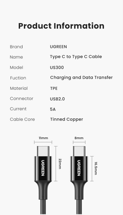 Кабель UGREEN US300 Type-C to Type-C (100W, 5A 1m) - Black: фото 12 з 13