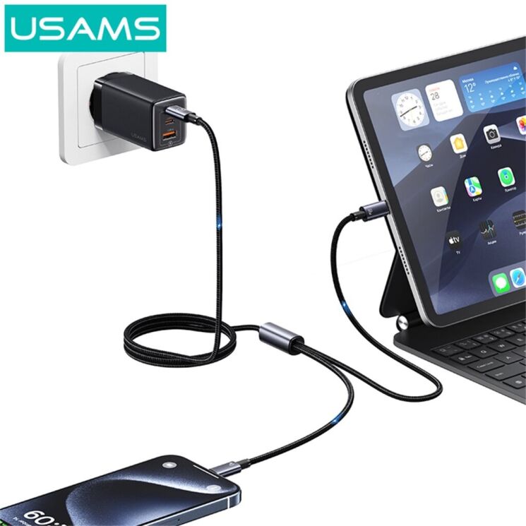 Кабель USAMS SJ740 2 In 1 Type-C to 2Type-C (72W, 3A, 1.2m) - Gray: фото 3 из 6