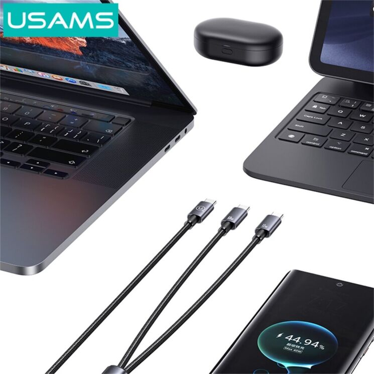 Кабель USAMS SJ740 2 In 1 Type-C to 2Type-C (72W, 3A, 1.2m) - Gray: фото 5 из 6