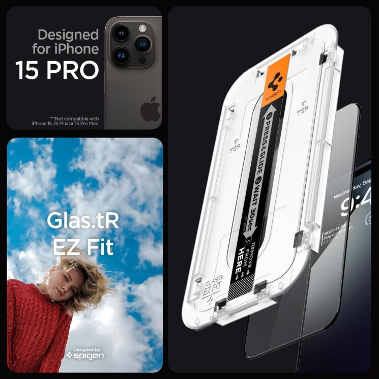 Комплект защитного стекла Spigen (SGP) GLAS.tR EZ Fit Black для Apple iPhone 15 Pro - Black: фото 9 из 14